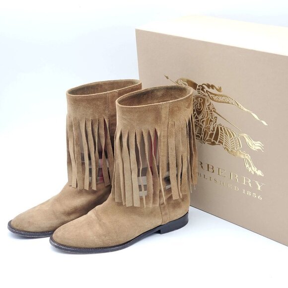 100% Authentic Burberry Light Brown Suede Norland Fringed Boots 260-652021 - Picture 1 of 14